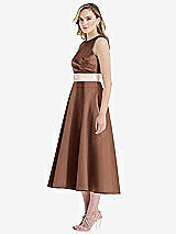 Side View Thumbnail - Cognac & Blush High-Neck Asymmetrical Shirred Satin Midi Dress with Pockets