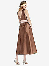 Rear View Thumbnail - Cognac & Blush High-Neck Asymmetrical Shirred Satin Midi Dress with Pockets