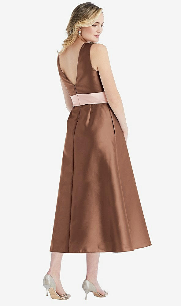 Back View - Cognac & Blush High-Neck Asymmetrical Shirred Satin Midi Dress with Pockets