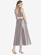 Rear View Thumbnail - Cashmere Gray & Blush High-Neck Asymmetrical Shirred Satin Midi Dress with Pockets