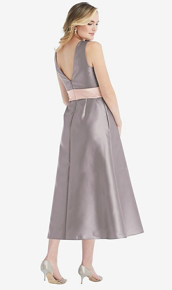 Back View - Cashmere Gray & Blush High-Neck Asymmetrical Shirred Satin Midi Dress with Pockets