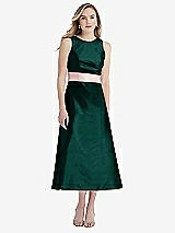 Front View Thumbnail - Evergreen & Blush High-Neck Asymmetrical Shirred Satin Midi Dress with Pockets