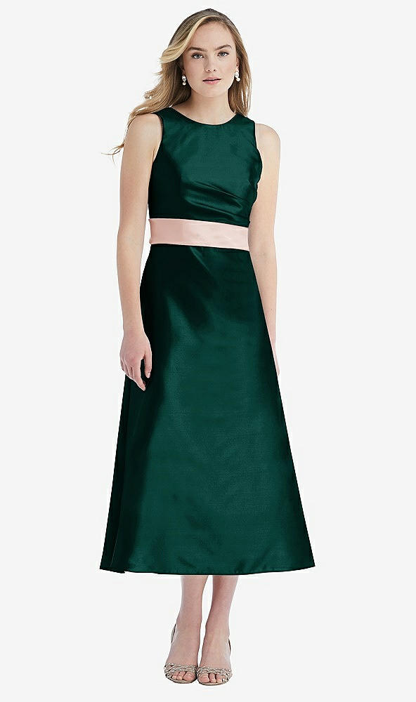 Front View - Evergreen & Blush High-Neck Asymmetrical Shirred Satin Midi Dress with Pockets
