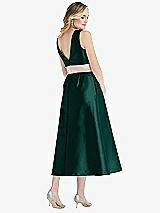 Rear View Thumbnail - Evergreen & Blush High-Neck Asymmetrical Shirred Satin Midi Dress with Pockets
