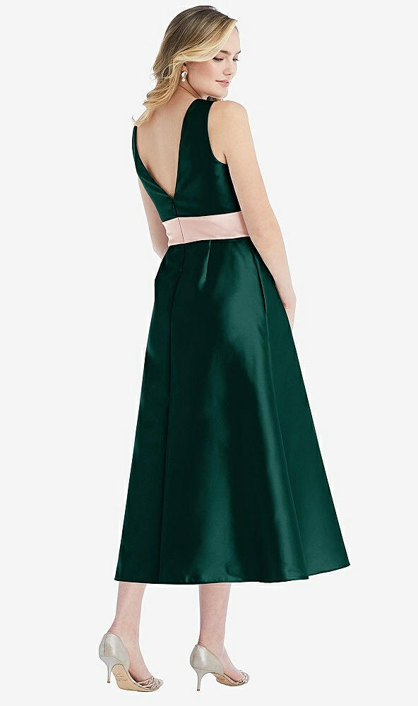Back View - Evergreen & Blush High-Neck Asymmetrical Shirred Satin Midi Dress with Pockets