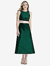 Front View Thumbnail - Hunter Green & Blush High-Neck Asymmetrical Shirred Satin Midi Dress with Pockets