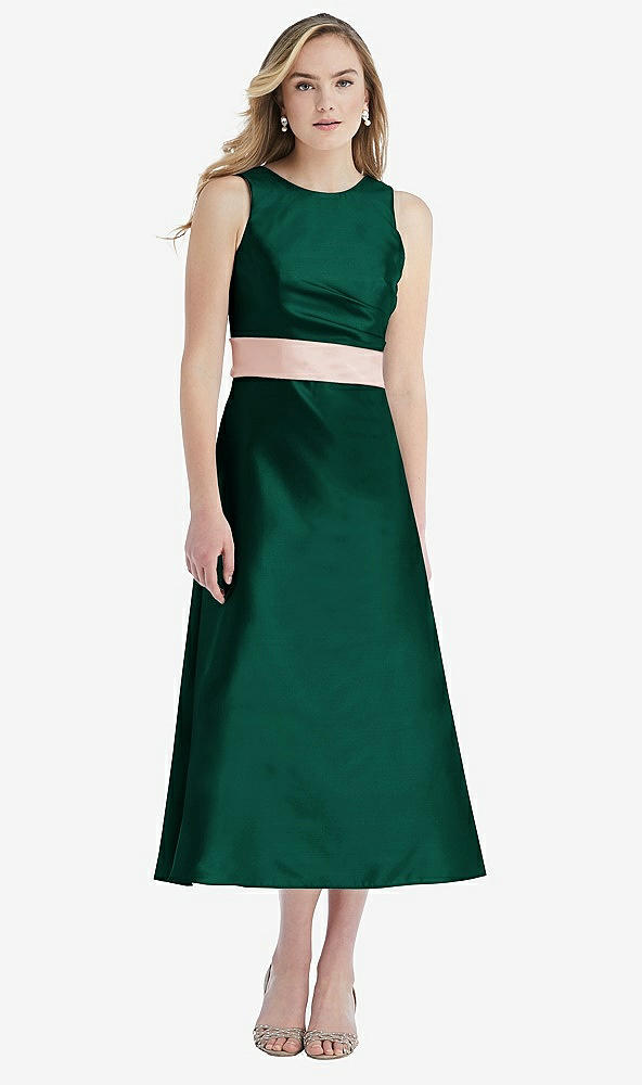 Front View - Hunter Green & Blush High-Neck Asymmetrical Shirred Satin Midi Dress with Pockets