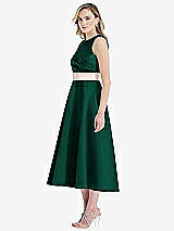 Side View Thumbnail - Hunter Green & Blush High-Neck Asymmetrical Shirred Satin Midi Dress with Pockets