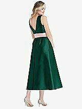 Rear View Thumbnail - Hunter Green & Blush High-Neck Asymmetrical Shirred Satin Midi Dress with Pockets