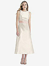 Front View Thumbnail - Ivory & Blush High-Neck Asymmetrical Shirred Satin Midi Dress with Pockets