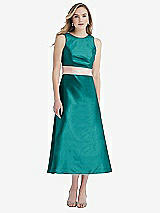 Front View Thumbnail - Jade & Blush High-Neck Asymmetrical Shirred Satin Midi Dress with Pockets