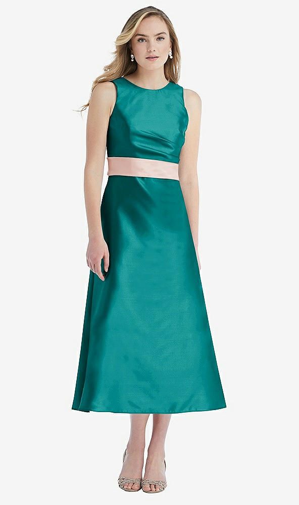 Front View - Jade & Blush High-Neck Asymmetrical Shirred Satin Midi Dress with Pockets