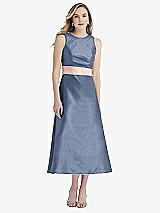 Front View Thumbnail - Larkspur Blue & Blush High-Neck Asymmetrical Shirred Satin Midi Dress with Pockets