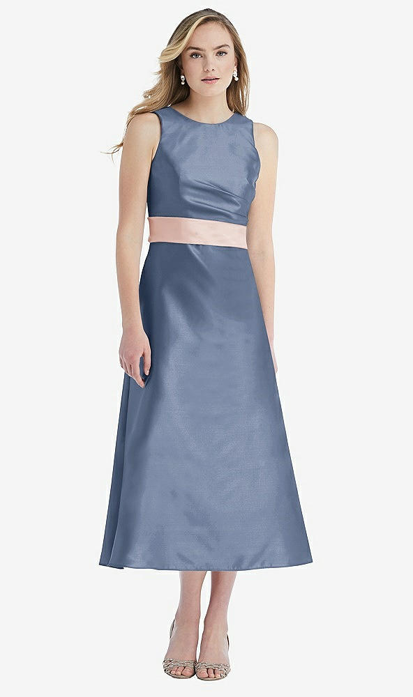 Front View - Larkspur Blue & Blush High-Neck Asymmetrical Shirred Satin Midi Dress with Pockets