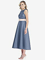 Side View Thumbnail - Larkspur Blue & Blush High-Neck Asymmetrical Shirred Satin Midi Dress with Pockets