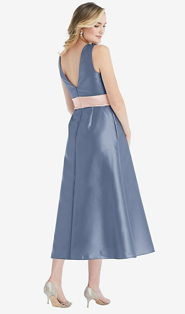 Back View - Larkspur Blue & Blush High-Neck Asymmetrical Shirred Satin Midi Dress with Pockets