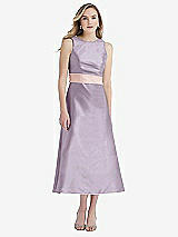 Front View Thumbnail - Lilac Haze & Blush High-Neck Asymmetrical Shirred Satin Midi Dress with Pockets
