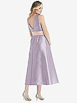 Rear View Thumbnail - Lilac Haze & Blush High-Neck Asymmetrical Shirred Satin Midi Dress with Pockets