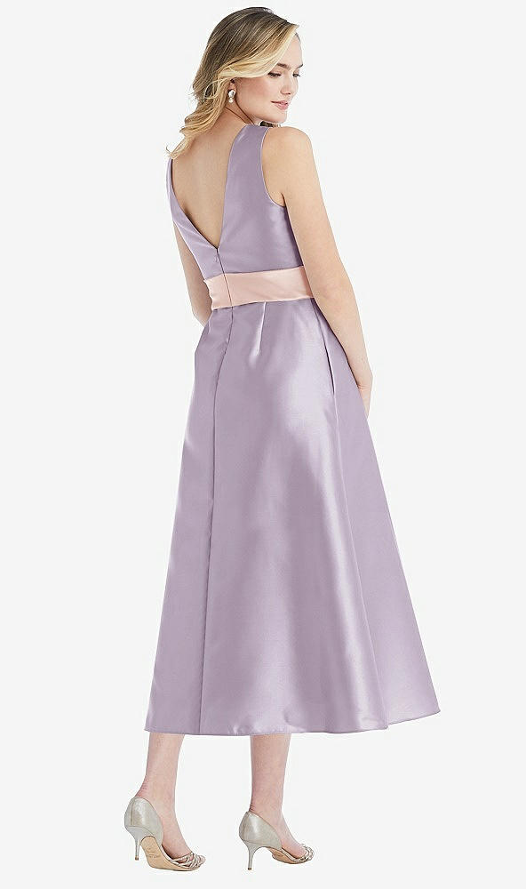 Back View - Lilac Haze & Blush High-Neck Asymmetrical Shirred Satin Midi Dress with Pockets