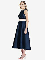 Side View Thumbnail - Midnight Navy & Blush High-Neck Asymmetrical Shirred Satin Midi Dress with Pockets
