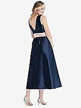 Rear View Thumbnail - Midnight Navy & Blush High-Neck Asymmetrical Shirred Satin Midi Dress with Pockets