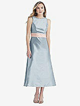 Front View Thumbnail - Mist & Blush High-Neck Asymmetrical Shirred Satin Midi Dress with Pockets