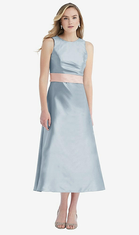 Front View - Mist & Blush High-Neck Asymmetrical Shirred Satin Midi Dress with Pockets