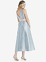 Rear View Thumbnail - Mist & Blush High-Neck Asymmetrical Shirred Satin Midi Dress with Pockets