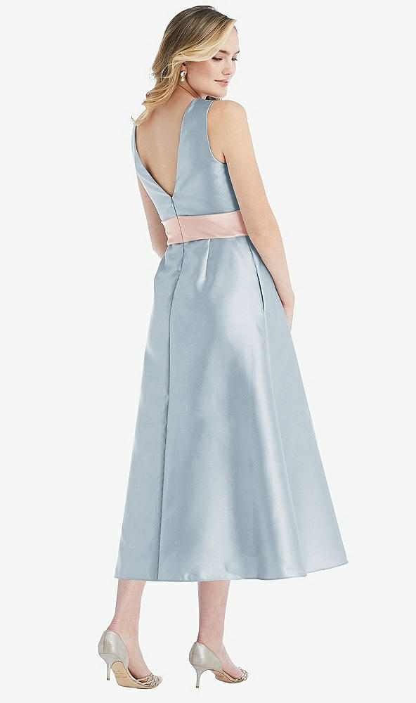 Back View - Mist & Blush High-Neck Asymmetrical Shirred Satin Midi Dress with Pockets