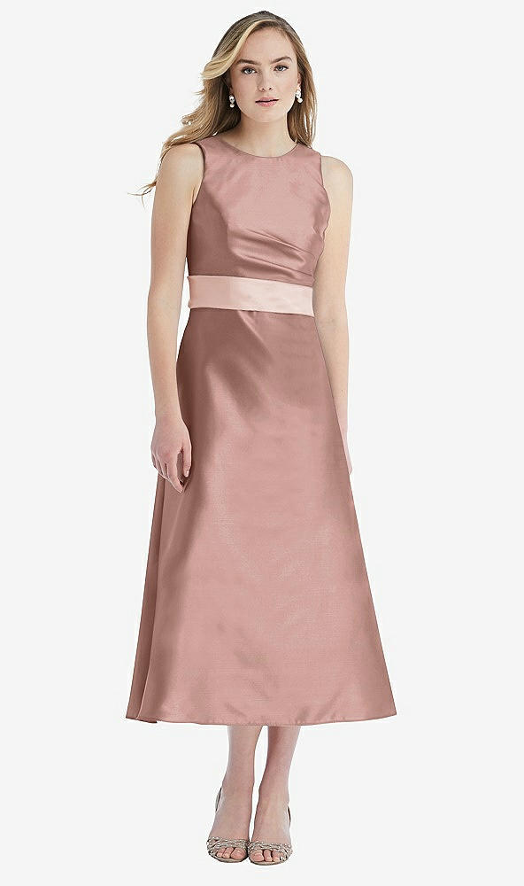 Front View - Neu Nude & Blush High-Neck Asymmetrical Shirred Satin Midi Dress with Pockets