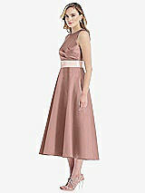 Side View Thumbnail - Neu Nude & Blush High-Neck Asymmetrical Shirred Satin Midi Dress with Pockets