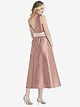 Rear View Thumbnail - Neu Nude & Blush High-Neck Asymmetrical Shirred Satin Midi Dress with Pockets