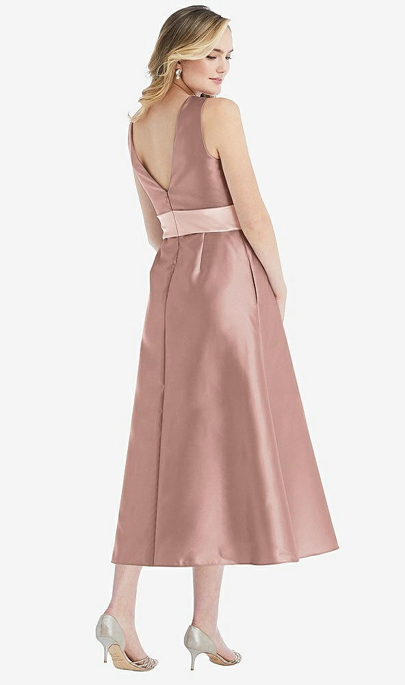 Back View - Neu Nude & Blush High-Neck Asymmetrical Shirred Satin Midi Dress with Pockets