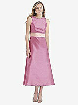 Front View Thumbnail - Powder Pink & Blush High-Neck Asymmetrical Shirred Satin Midi Dress with Pockets