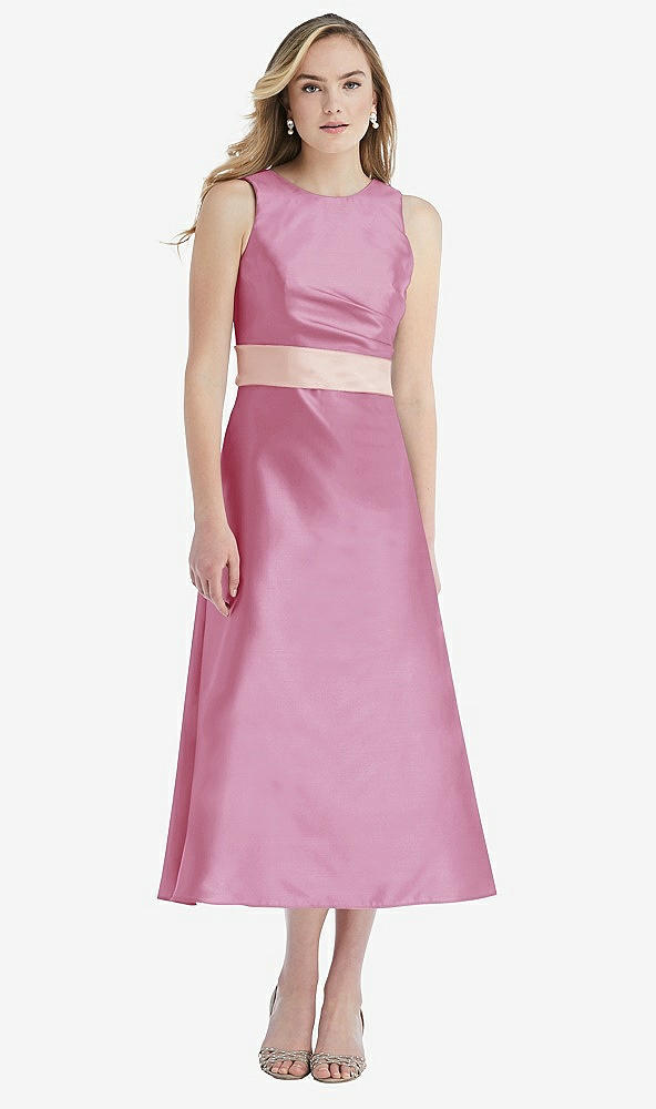 Front View - Powder Pink & Blush High-Neck Asymmetrical Shirred Satin Midi Dress with Pockets