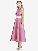 Side View Thumbnail - Powder Pink & Blush High-Neck Asymmetrical Shirred Satin Midi Dress with Pockets