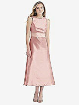Front View Thumbnail - Rose & Blush High-Neck Asymmetrical Shirred Satin Midi Dress with Pockets