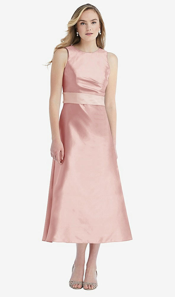 Front View - Rose & Blush High-Neck Asymmetrical Shirred Satin Midi Dress with Pockets