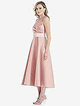 Side View Thumbnail - Rose & Blush High-Neck Asymmetrical Shirred Satin Midi Dress with Pockets