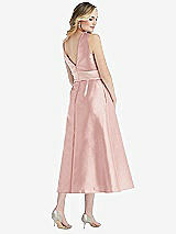 Rear View Thumbnail - Rose & Blush High-Neck Asymmetrical Shirred Satin Midi Dress with Pockets