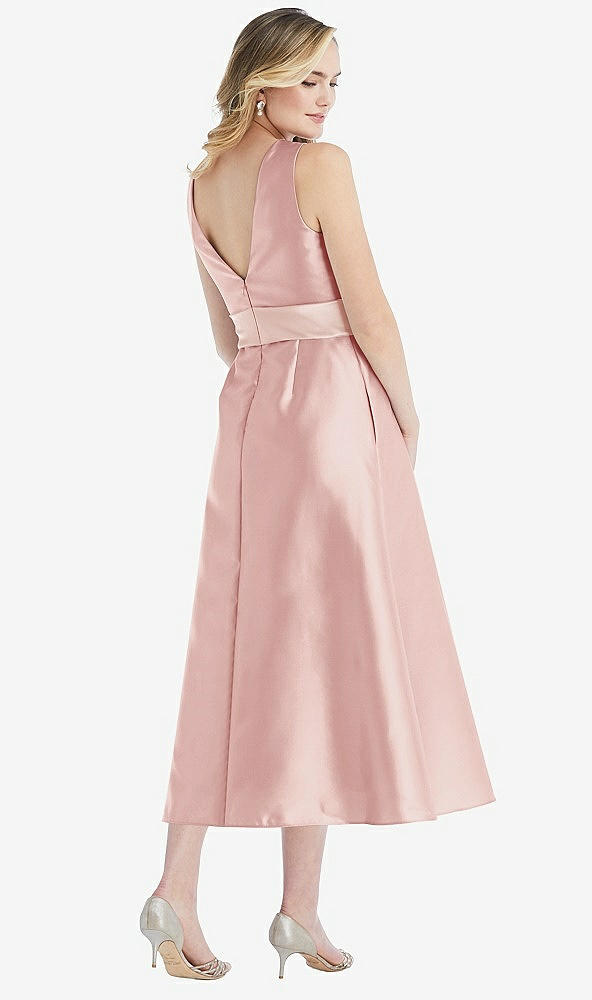 Back View - Rose & Blush High-Neck Asymmetrical Shirred Satin Midi Dress with Pockets