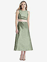 Front View Thumbnail - Sage & Blush High-Neck Asymmetrical Shirred Satin Midi Dress with Pockets