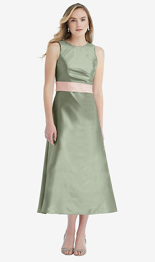Front View - Sage & Blush High-Neck Asymmetrical Shirred Satin Midi Dress with Pockets