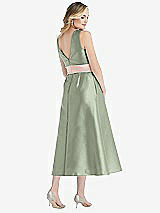 Rear View Thumbnail - Sage & Blush High-Neck Asymmetrical Shirred Satin Midi Dress with Pockets