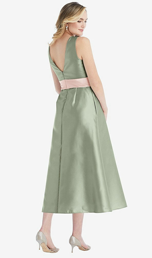 Back View - Sage & Blush High-Neck Asymmetrical Shirred Satin Midi Dress with Pockets