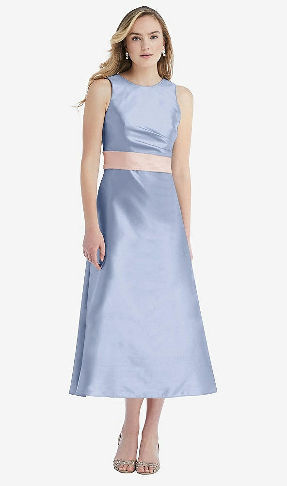 Front View - Sky Blue & Blush High-Neck Asymmetrical Shirred Satin Midi Dress with Pockets