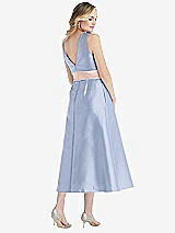 Rear View Thumbnail - Sky Blue & Blush High-Neck Asymmetrical Shirred Satin Midi Dress with Pockets