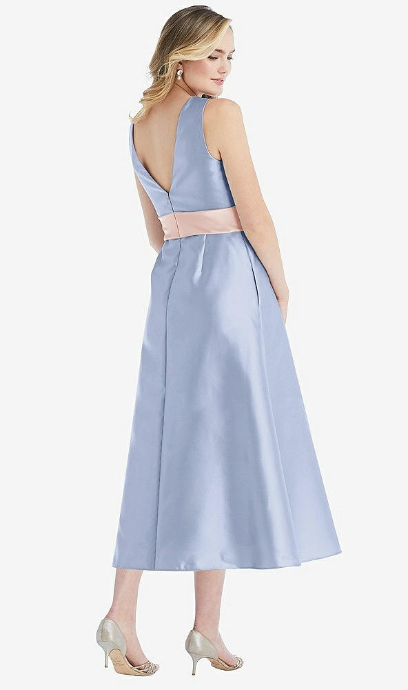 Back View - Sky Blue & Blush High-Neck Asymmetrical Shirred Satin Midi Dress with Pockets