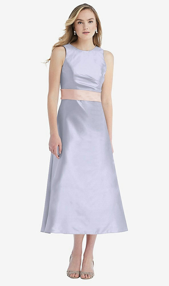 Front View - Silver Dove & Blush High-Neck Asymmetrical Shirred Satin Midi Dress with Pockets