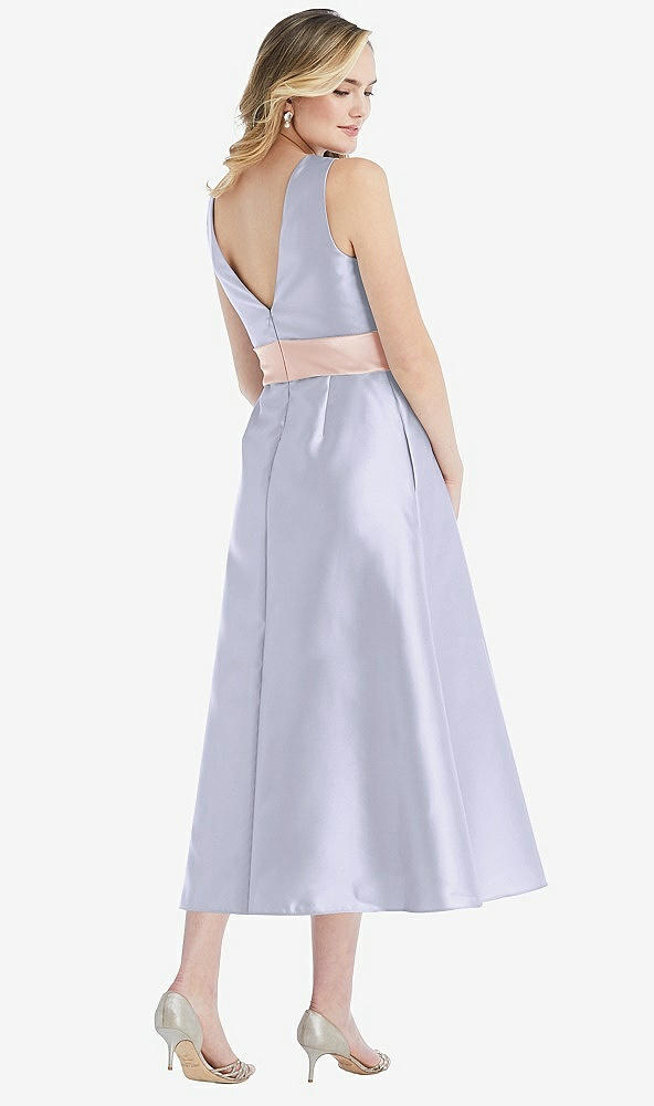 Back View - Silver Dove & Blush High-Neck Asymmetrical Shirred Satin Midi Dress with Pockets